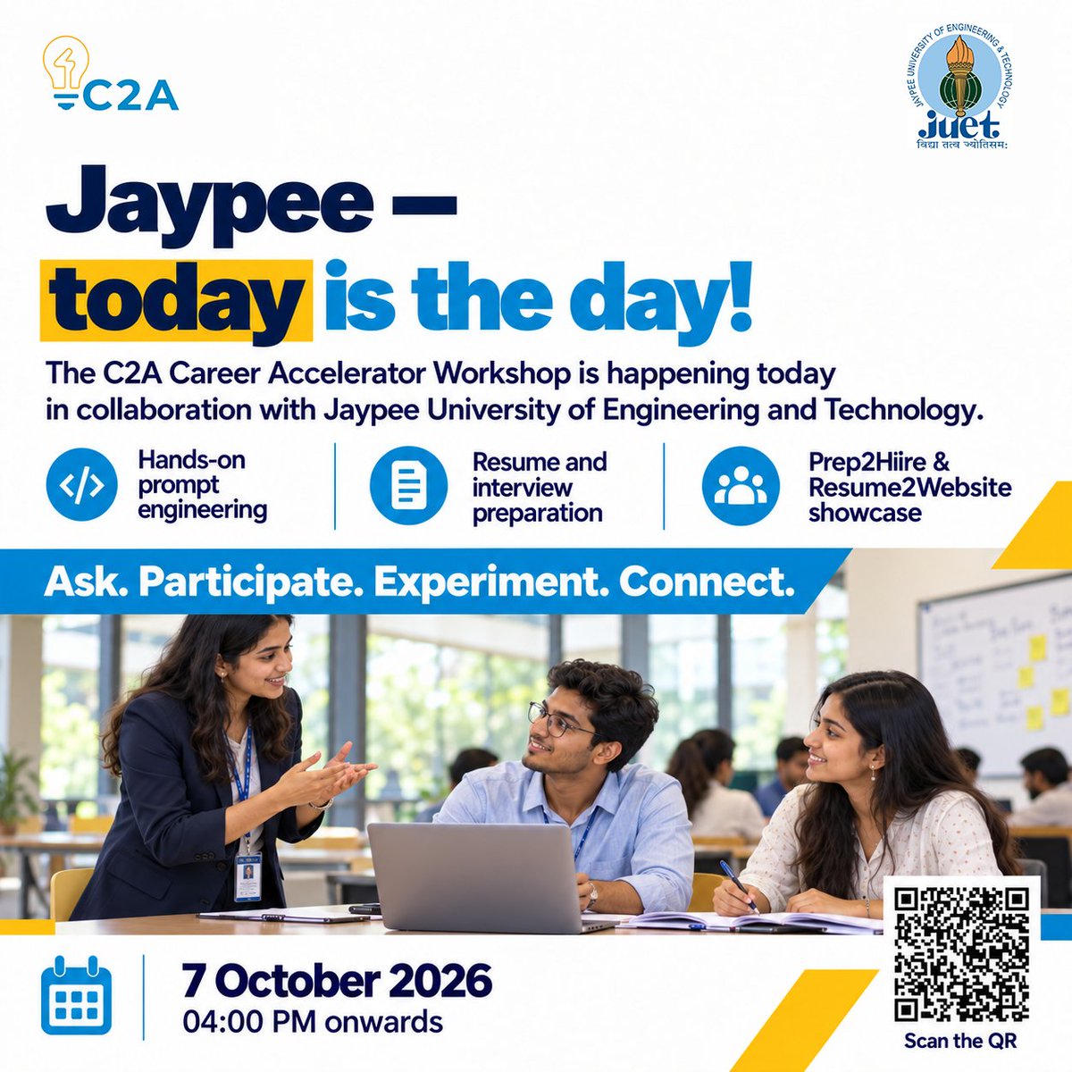 concept2action's tweet photo. Jaypee — Today Is the Day! 
The C2A Career Accelerator Workshop is happening today with Jaypee University!
Get ready for:
✓ Prompt Engineering
✓ Career &amp; hiring insights
✓ Resume &amp; interview prep
📅 7 Oct | ⏰ 4 PM onwards
Ask. Participate. Experiment. Connect.
#C2A https://t.co/Z2kcLqHrHk