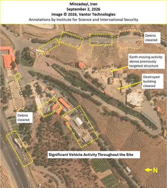 IsraelWarRoom's tweet photo. 🚨🚨 Satellite imagery indicates Iran is rapidly restoring activity at the Minzadehei nuclear-weapons development site near Tehran after it was struck by Israel, @ariel_oseran reports.

Images analyzed by the Institute for Science and International Security show renewed vehicle traffic, debris removal, and major earth-moving work.

Tehran is wasting no time rebuilding dangerous nuclear infrastructure.