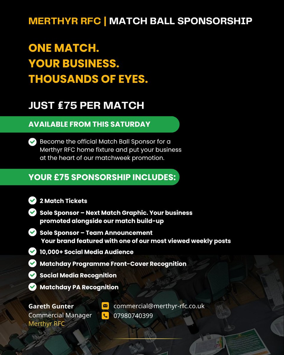 RFCMerthyr's tweet photo. GET YOUR BUSINESS INVOLVED
Three opportunities now available:
💳 Discount Card Sponsor – £200
🏉 Match Ball Sponsor – £75
Tickets + programme + 10k+ social exposure
🍻 Hospitality – £500 for 10
50-pint package + Inside the Ironmen + meal &amp; more
📩 commercial@merthyr-rfc.co.uk https://t.co/1vwDjdGMr0