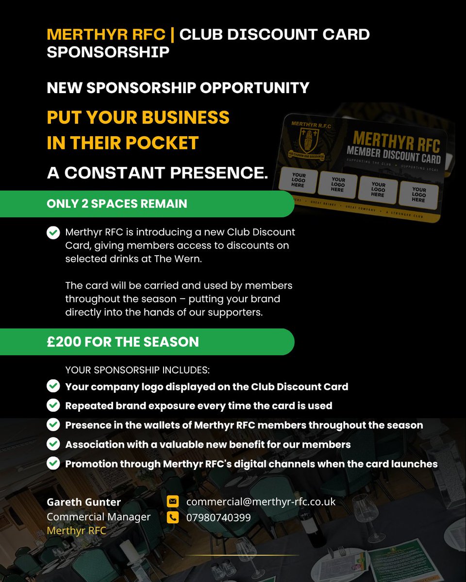RFCMerthyr's tweet photo. GET YOUR BUSINESS INVOLVED
Three opportunities now available:
💳 Discount Card Sponsor – £200
🏉 Match Ball Sponsor – £75
Tickets + programme + 10k+ social exposure
🍻 Hospitality – £500 for 10
50-pint package + Inside the Ironmen + meal &amp; more
📩 commercial@merthyr-rfc.co.uk https://t.co/1vwDjdGMr0