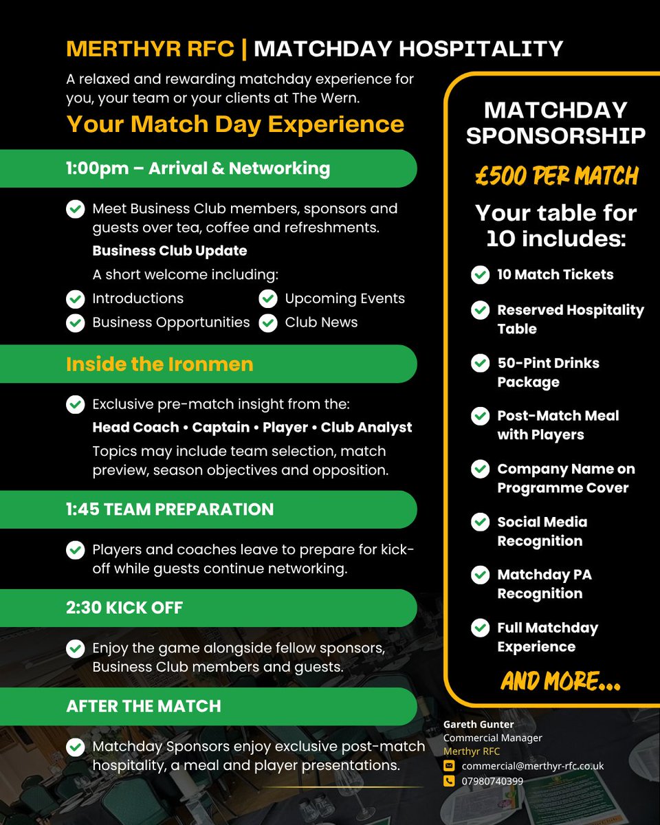 RFCMerthyr's tweet photo. GET YOUR BUSINESS INVOLVED
Three opportunities now available:
💳 Discount Card Sponsor – £200
🏉 Match Ball Sponsor – £75
Tickets + programme + 10k+ social exposure
🍻 Hospitality – £500 for 10
50-pint package + Inside the Ironmen + meal &amp; more
📩 commercial@merthyr-rfc.co.uk https://t.co/1vwDjdGMr0