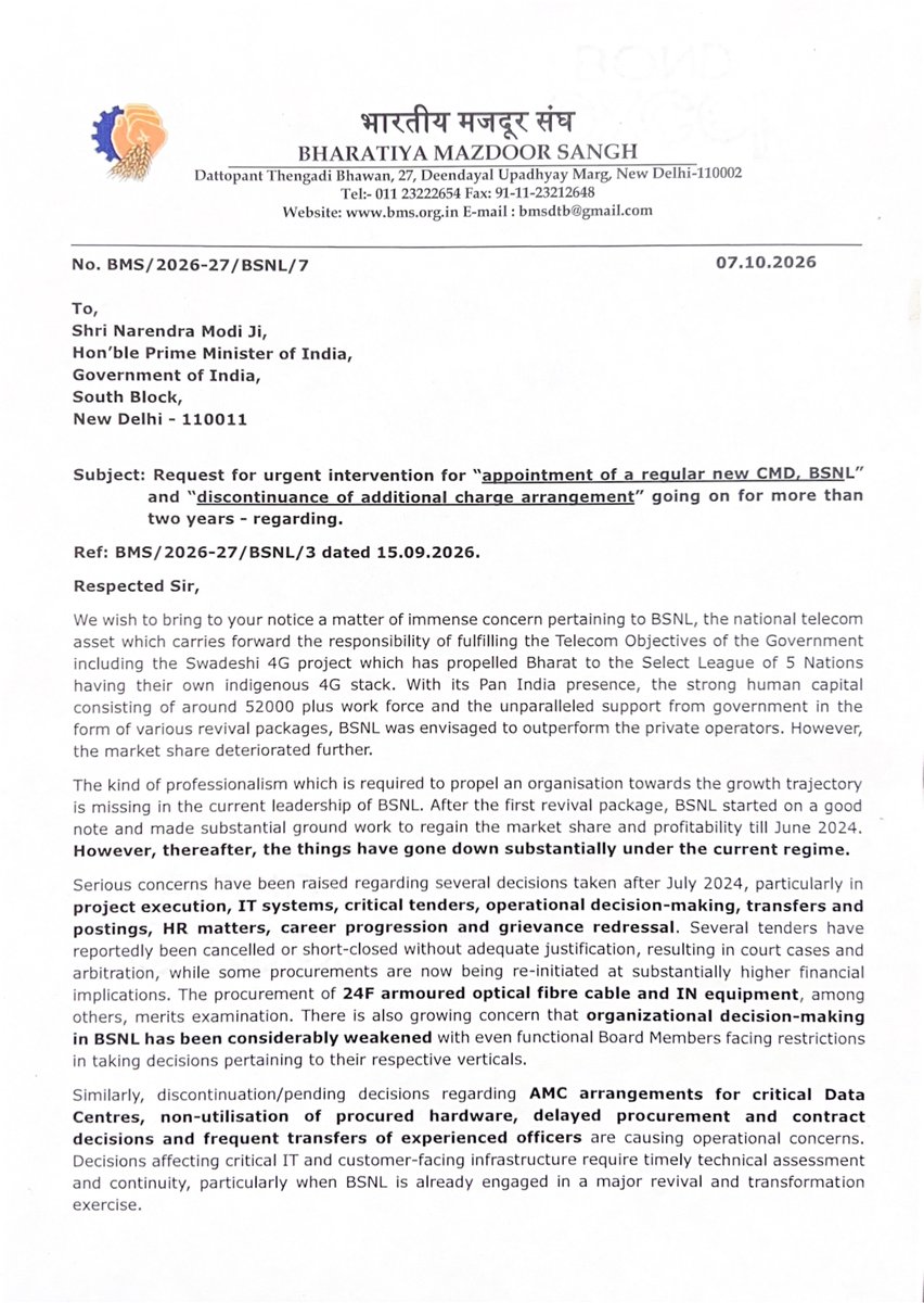 BMSkendra's tweet photo. Bharatiya Mazdoor Sangh (BMS) has written to Hon'ble PM Shri Narendra Modi Ji seeking urgent intervention for the immediate appointment of a Regular CMD for BSNL and an end to the additional charge arrangement continuing for over two years. BSNL deserves stable, accountable and rule-based leadership.

@PMOIndia @JM_Scindia @PemmasaniOnX @DrJitendraSingh @DoT_India @BSNLCorporate @BMSkendra @BmsBojji @gs_aigetoa @GSAIGETOA @VirabhadraRaoG @pavanakhand @jharwal_yogi @nithyajarald @gsbteubsnl @ETTelecom @BDM_BSNL @gsbteubsnl 

#No_Extn_2_CMDBSNL #NewCMD4BSNL