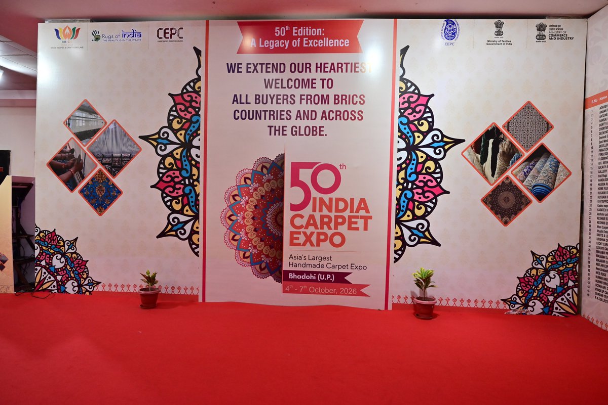 cepcindia's tweet photo. The 50th India Carpet Expo opened in #bhadohi with a promise of global connections &amp; lucrative interactions. The ambience exuded vibes of rich Indian #handmadecarpets legacy, giving visitors a culturally vibrant atmosphere &amp; an intense setting for business talks. 
#cepc #ICE50 https://t.co/A8j11WneWw