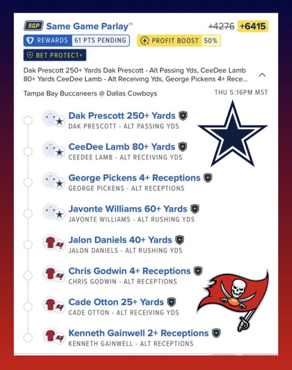 Sloki_Bets_702's tweet photo. Tampa Bay Buccaneers at Dallas Cowboys +6415 SGP using 50% boost! https://t.co/cEhOoMGA6k