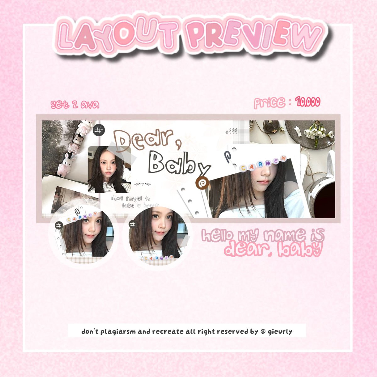 gieurly's tweet photo. — 💌 help repost ya, thankies!

halo sweet heart ‼️⭐️ aku punya layout ready stock carmen dan yeon nih ☝🏻 yuk dibawa pulang si cantiknyaa, scroll down for more yaa 🩷🍥🌸😆

#bealanja https://t.co/uK8nnWqzmT