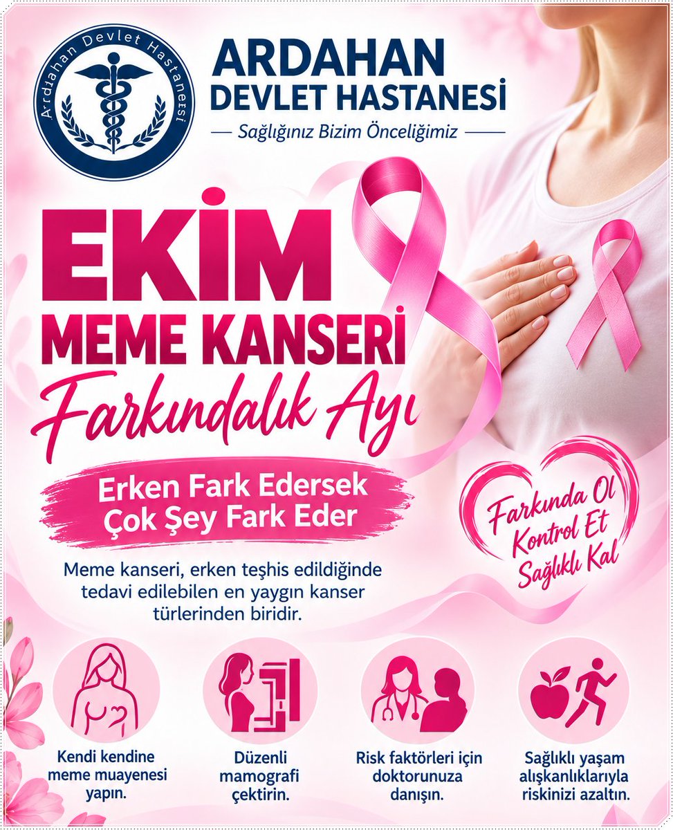 Ardahandh's tweet photo. Ekim ayı Meme Kanseri Farkındalık Ayı

Meme kanserinde erken tanı, tedavi başarısını artıran en önemli unsurdur. 
Hayatı ertelememek ve sağlıklı bir gelecek için düzenli kontrollerinizi ve taramalarınızı zamanında yaptırmayı unutmayın.
#MemeKanseriFarkındalıkAyı https://t.co/S4Vo2HGiL2