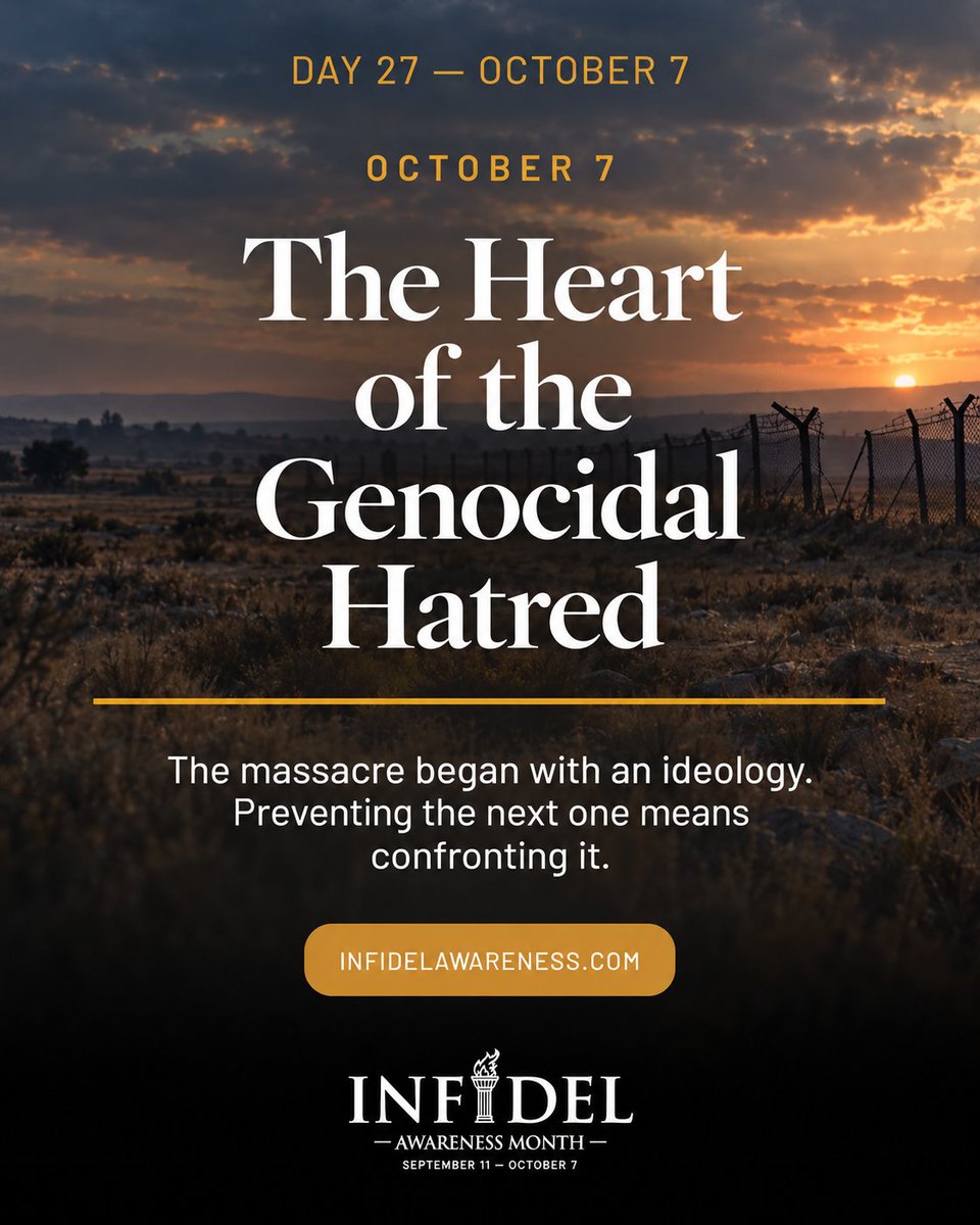 infidelaware's tweet photo. INFIDEL AWARENESS MONTH — DAY 27
THE HEART OF THE GENOCIDAL HATRED
October 7 did not begin with a breached fence.
It began with an ideology that glorifies murder and denies others the right to exist.
To prevent the next massacre, we must confront what drives it.
