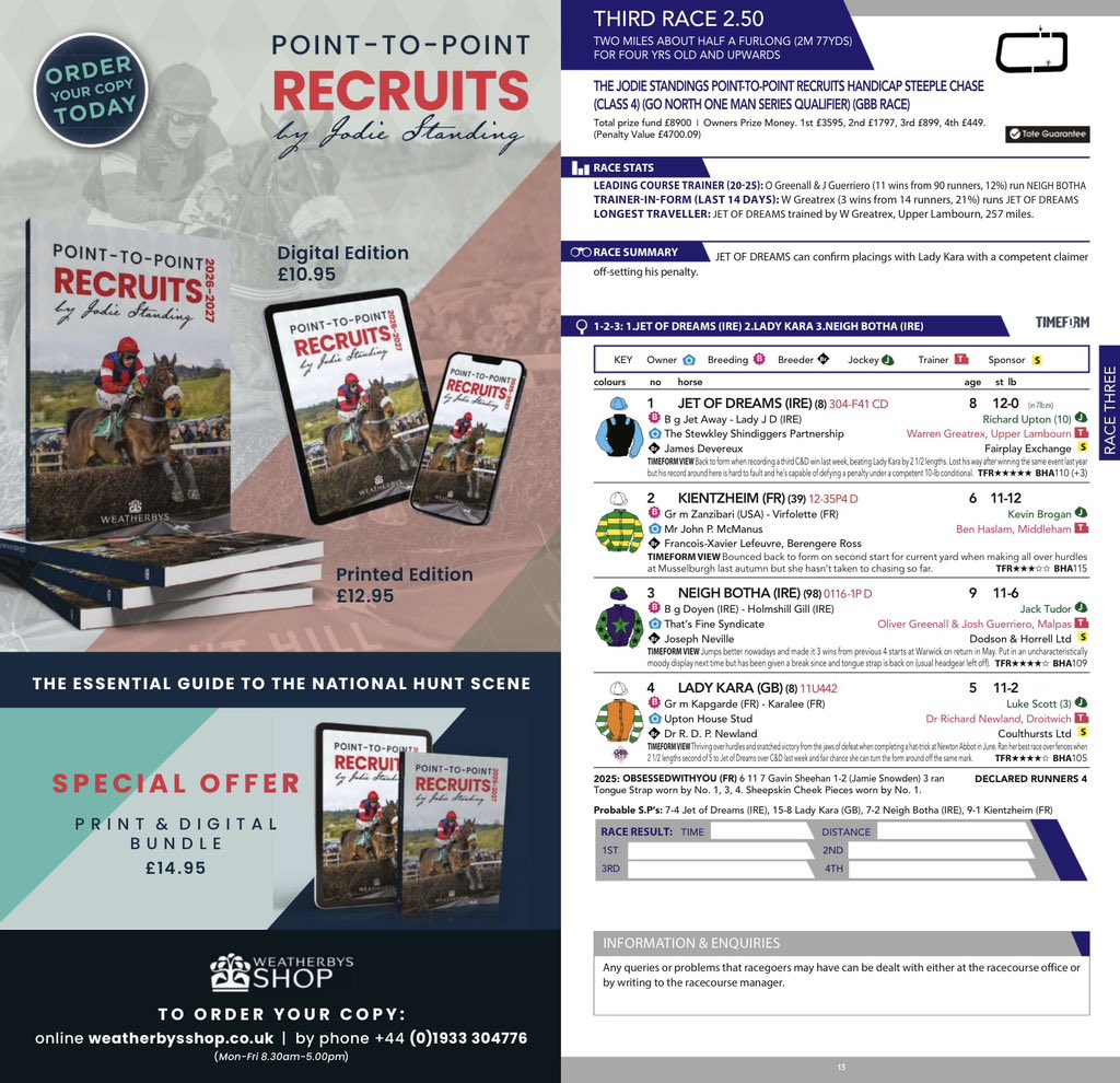 weatherbysltd's tweet photo. Really looking forward to a good afternoon @SedgefieldRace where we sponsor the Jodie Standing’s Point-To-Point Recruits Handicap Chase.
The race is previewed in the official card and we wish the very best of luck to all connections.
@jode2k75 will be on course today and her book is out now and available to buy online 👉🏻 https://t.co/4oNeNhcicC
