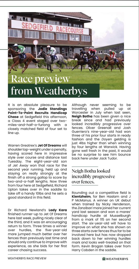 weatherbysltd's tweet photo. Really looking forward to a good afternoon @SedgefieldRace where we sponsor the Jodie Standing’s Point-To-Point Recruits Handicap Chase.
The race is previewed in the official card and we wish the very best of luck to all connections.
@jode2k75 will be on course today and her book is out now and available to buy online 👉🏻 https://t.co/4oNeNhcicC