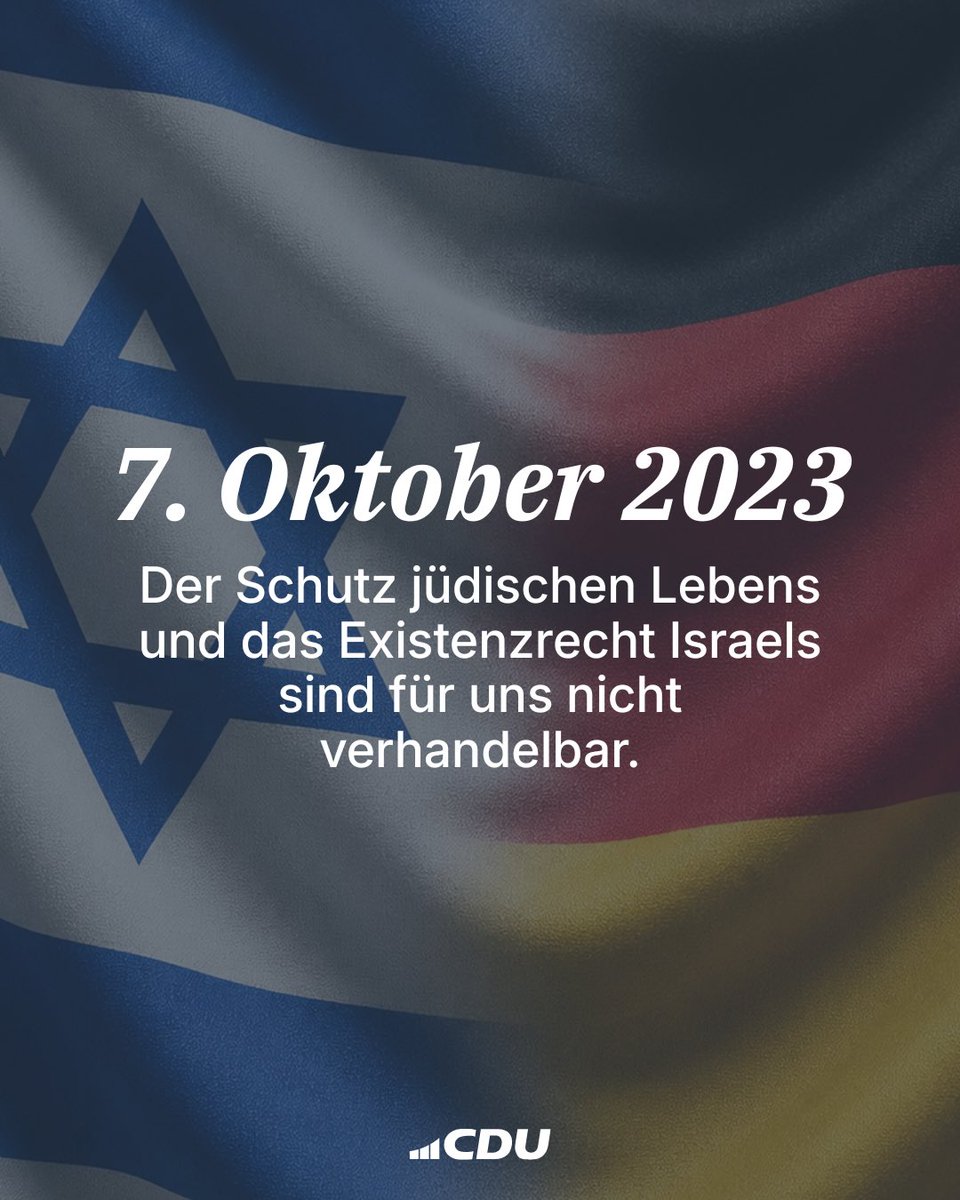 CDU's tweet photo. Vor genau drei Jahren verübten Terroristen der Hamas das größte und grausamste Massaker an Jüdinnen und Juden seit der Schoa. Über 1.200 unschuldige Menschen ermordet, über 240 als Geiseln verschleppt und unzählige Familien für immer zerrissen.
 
Der 7. Oktober 2023 bleibt eine Zäsur für Israel und für die gesamte freie Welt. (1/4)