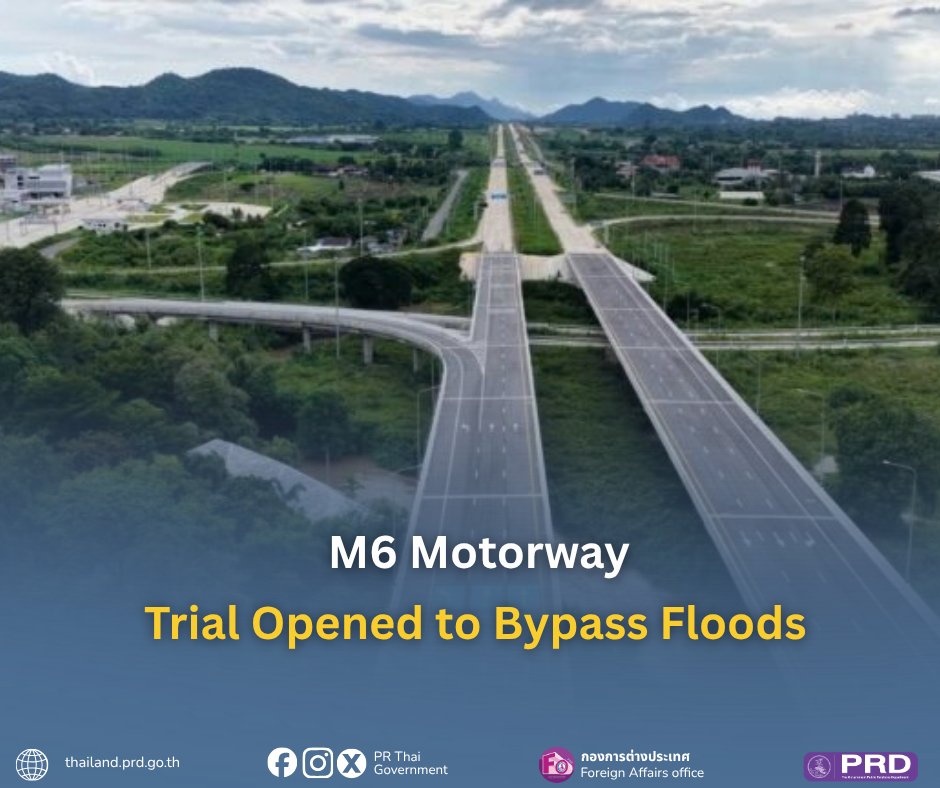 prdthailand's tweet photo. Thailand’s Department of Highways has opened the M6 Motorway's Bang Pa-in-Hin Kong section in both directions for trial, offering a route around flooded areas. Open 6 PM, 6 Oct to 12 AM, 11 Oct, or until conditions improve. Drive carefully. Call 1586, press 6 (toll-free, 24/7). https://t.co/VlLfNsIWIX
