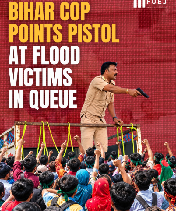 DrMairaSpeaks's tweet photo. Bihar cop points pistol at flood victims in queue.

When the police fears no one, simply know that they are backed and supported by the Govt. https://t.co/3nrSHUbH7y