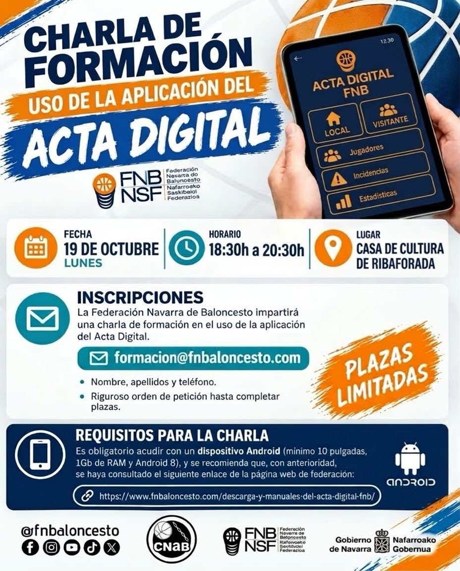 FNBaloncesto's tweet photo. ¡Nueva fecha en Ribaforada! 🏀📱
Súmate a la charla sobre el Acta Digital FNB:
📅 Lunes, 19 de octubre
🕡 18:30h a 20:30h
📍 Casa de Cultura de Ribaforada https://t.co/KX2uOscBM5