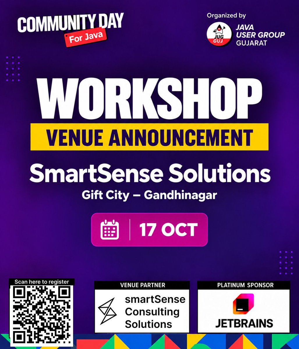 cd4java's tweet photo. 📍Workshop Venue Announcement

We’re happy to have @smartsense13  , Gift City - Gandhinagar as the venue partner for Community Day for Java 2026.

📅 17 October 2026  
⏰ 10:00 AM – 3:00 PM  
📍 SmartSense Solutions, GIfy City -Gandhinagar

🎟️ Book your tickets now
#java https://t.co/DfkjImYy3y