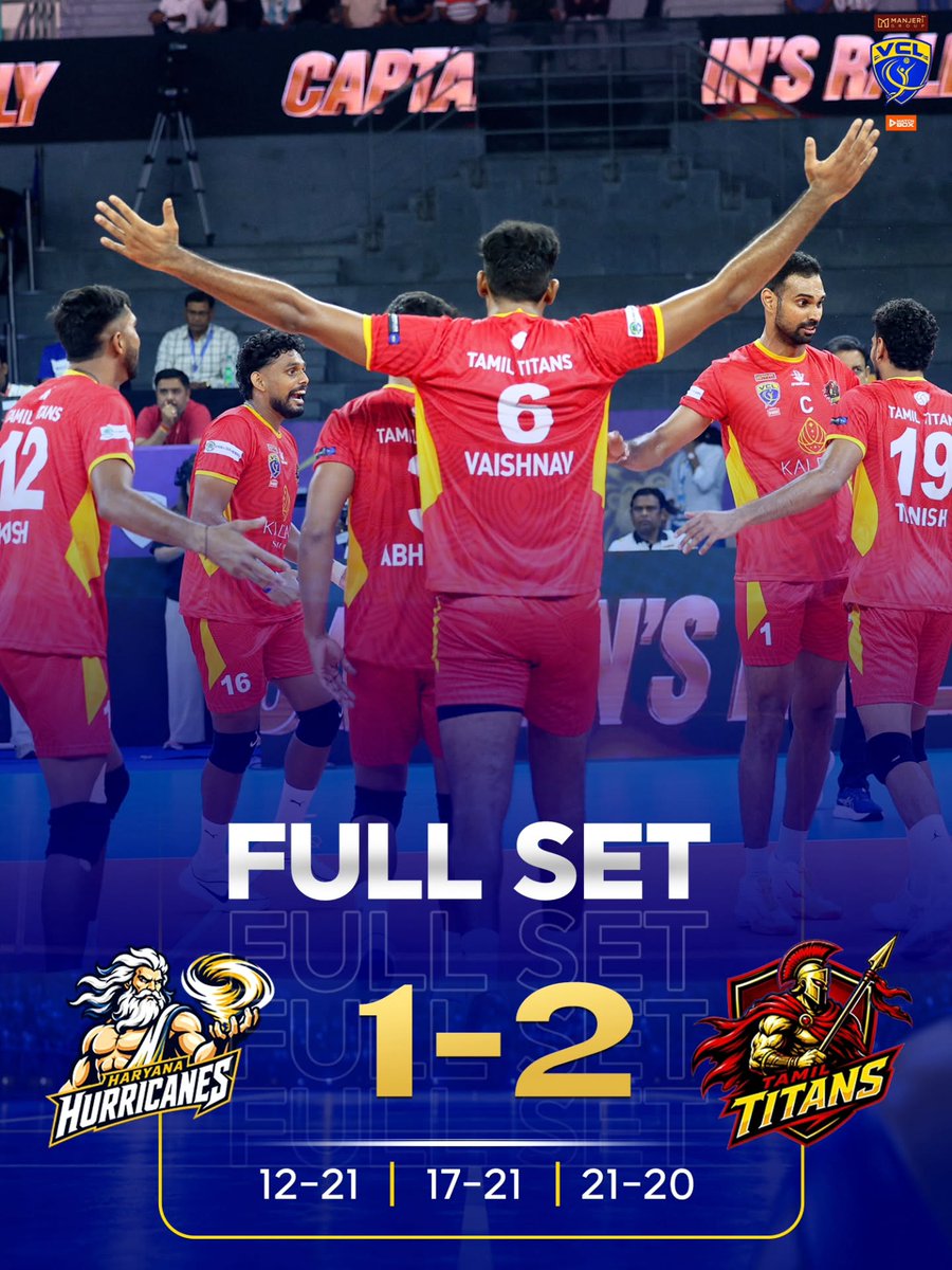 VolleyballLeag's tweet photo. Tamil Titans take the lead! 🔥
A strong fight, a tighter finish, and a 2–1 advantage after three intense sets. 💪🏐
#TamilTitans #VolleyballChampionsLeague #VCL2026 #FullSet #GameOn https://t.co/86BZGIN6oK