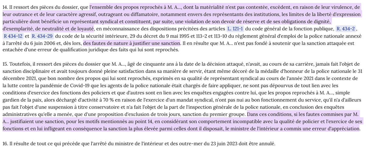 N_Hervieu's tweet photo. Discipline des policiers : Les messages outranciers, agressifs &amp; diffamatoires publiés sur Twitter/X par un policier syndicaliste sont fautifs.

Cela exige donc une sanction.

Mais sa révocation (sanction la plus lourde possible) est annulée, parce que jugée disproportionnée. https://t.co/bNzhTra0up