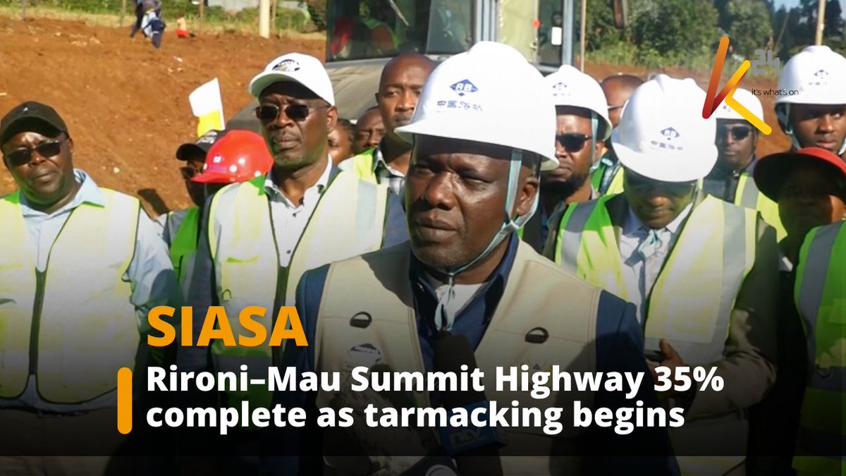 A man in a white hard hat and yellow safety vest speaks at a construction site for the Rironi-Mau Summit Highway, with the caption "Rironi-Mau Summit Highway 35% complete as tarmacking begins" displayed below. The image shows a road construction project, which relates to the post's concern about trailers damaging roads with the choice between BBM (Bituminous Base Mix) or DBM (Dense Bituminous Macadam) surfacing options.