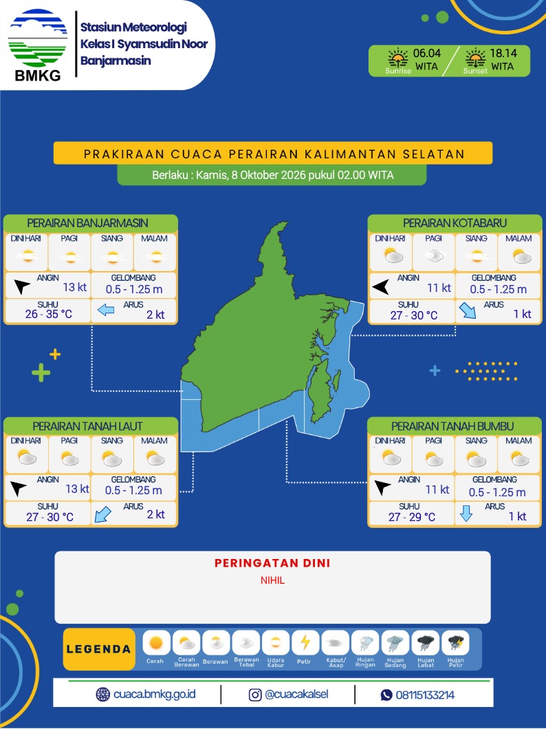 cuacakotabaru's tweet photo. Selamat Sore, sobat cuaca!
Berikut kami sampaikan prakiraan cuaca wilayah Kalimantan Selatan untuk esok hari Kamis, 8 Oktober 2026 mulai pukul 02.00 WITA.

#CuacaKalsel #infoBMKG #InfoKalsel #CuacaKotabaru #KotabaruInfo #BanggaMelayaniBangsa https://t.co/uoQWY02stI