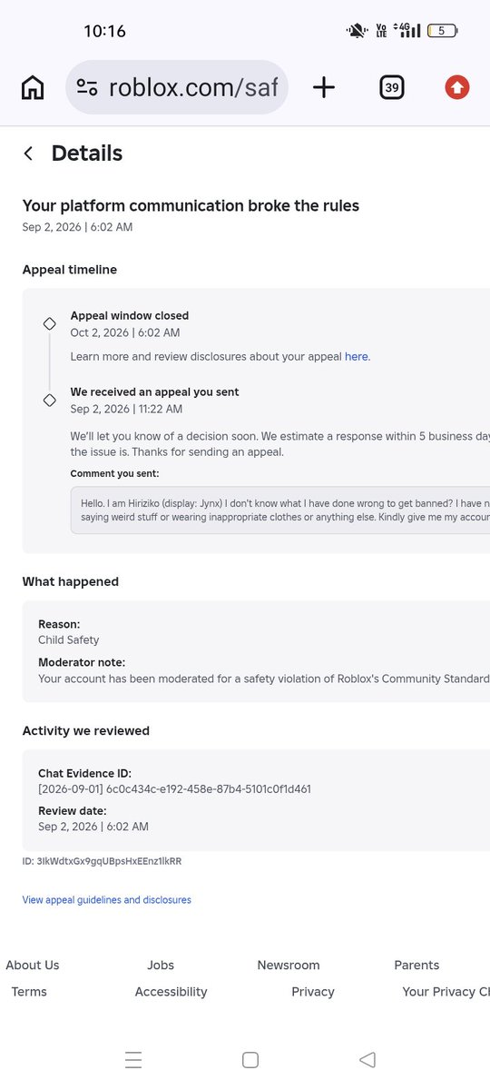Its_ZanHeree's tweet photo. @0iDny @Roblox_RTC @Roblox Same,30+ repeated msgs by the mods. They didn't close the case nor rejected it nor provided good reasons for my ban. Already check roa, it's false I only said "12 hours" and Roblox thought minors https://t.co/FUJKles664