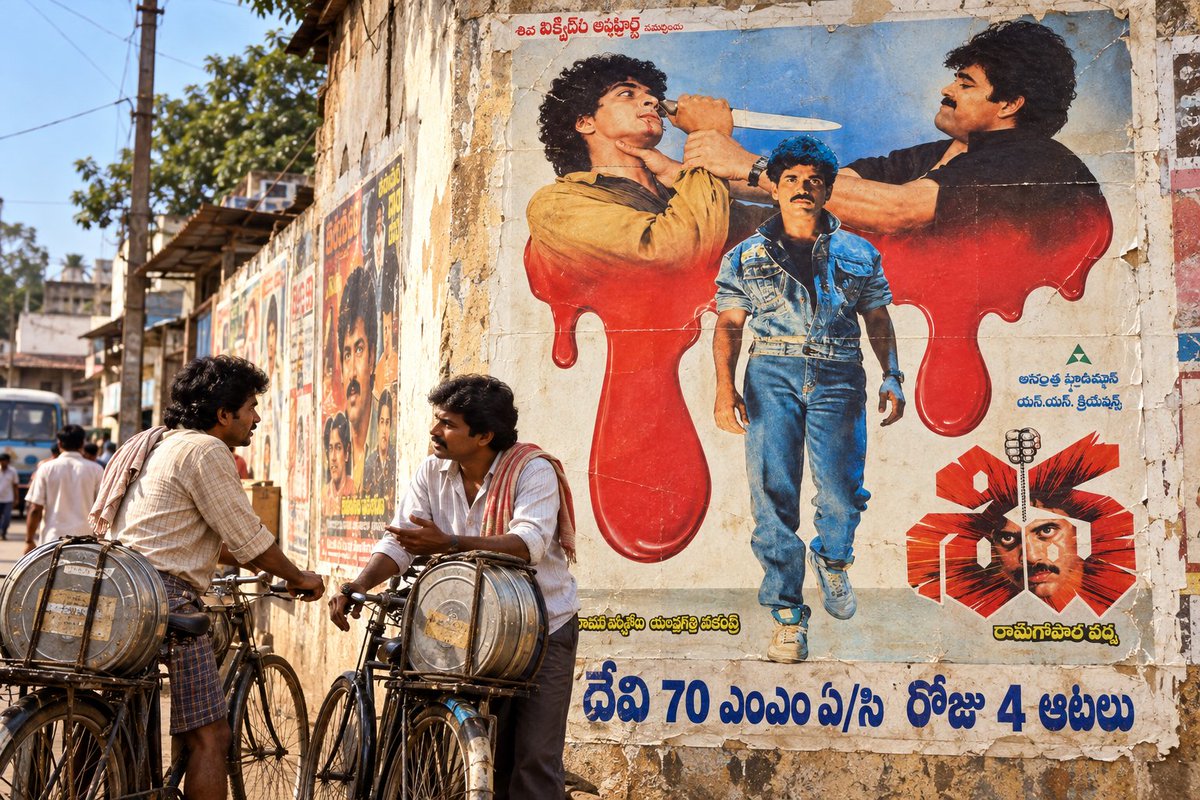 ravindraraj11's tweet photo. నా చిన్నప్పుడు రెండు మూడు థియేటర్లలో పెద్ద సినిమా రిలీజైతే దాని రీళ్ల సరఫరా కోసం ప్రత్యేకంగా మనుషులు ఉండేవాళ్ళు. వీళ్ళ పని ఒకటే. 

రోజు నాలుగు ఆటలు సైకిల్ మీద మెయిన్ నుంచి సైడ్ థియేటర్ కి, మళ్ళీ రివర్స్ లో అటు నుంచి ఇటు రీల్స్ మోసుకుంటూ తిరగడమే. 

మధ్యలో ఇలా తారసపడితే ఓ రెండు నిముషాలు కబుర్లు చెప్పుకుని వెంటనే పరుగులు పెట్టేవాళ్ళు. వీళ్ళు ఏ మాత్రం లేట్ చేసినా అవతల థియేటర్లలో షోలు ఆగిపోయి జనం గగ్గోలు పెట్టడం మాములే (1989) 
@AnnapurnaStdios @iamnagarjuna @RGVzoomin
