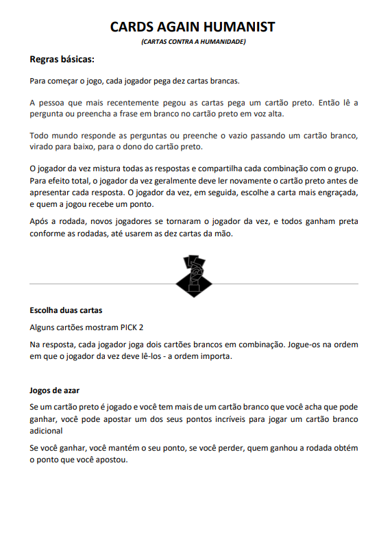 oeL_HB's tweet photo. Manual do jogo Cartas contra a Humanidade

(está em outro tweet pois o meu manual recriado possui 4 páginas, sendo esse o limite de fotos por tweet)

Minha participação está no tweet acima.

Nick Habbo: oeL

@kihabbofs @HabboPTBR https://t.co/m4PQ5dUJO8