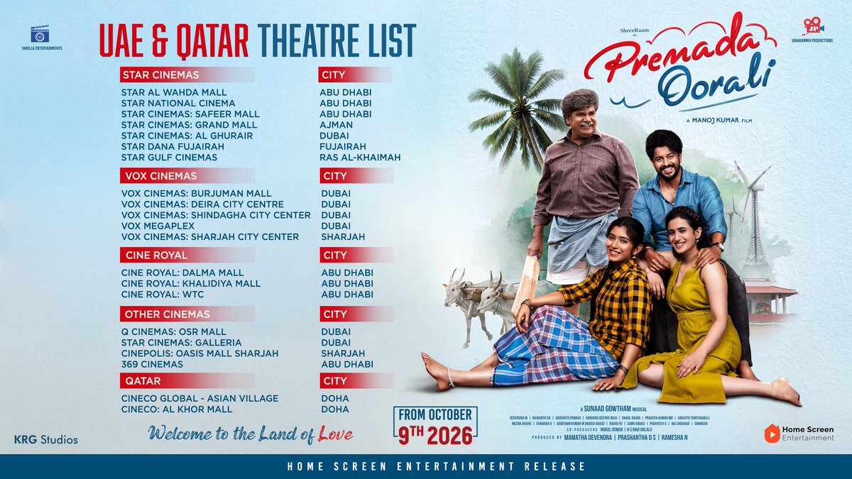 homescreenent's tweet photo. Gulf, get ready for a beautiful journey of love &amp; emotions! 🌙💞 

#PremadaOorali hits cinemas on October 9! 🎟️📽️

#RangayanaRaghu
#ShreeRaam
#ManojKumar
#ThapaswiniPoonacha
@Devendramamatha
#VanillaEntertainments
@PremadaOorali https://t.co/LjdHemegVe