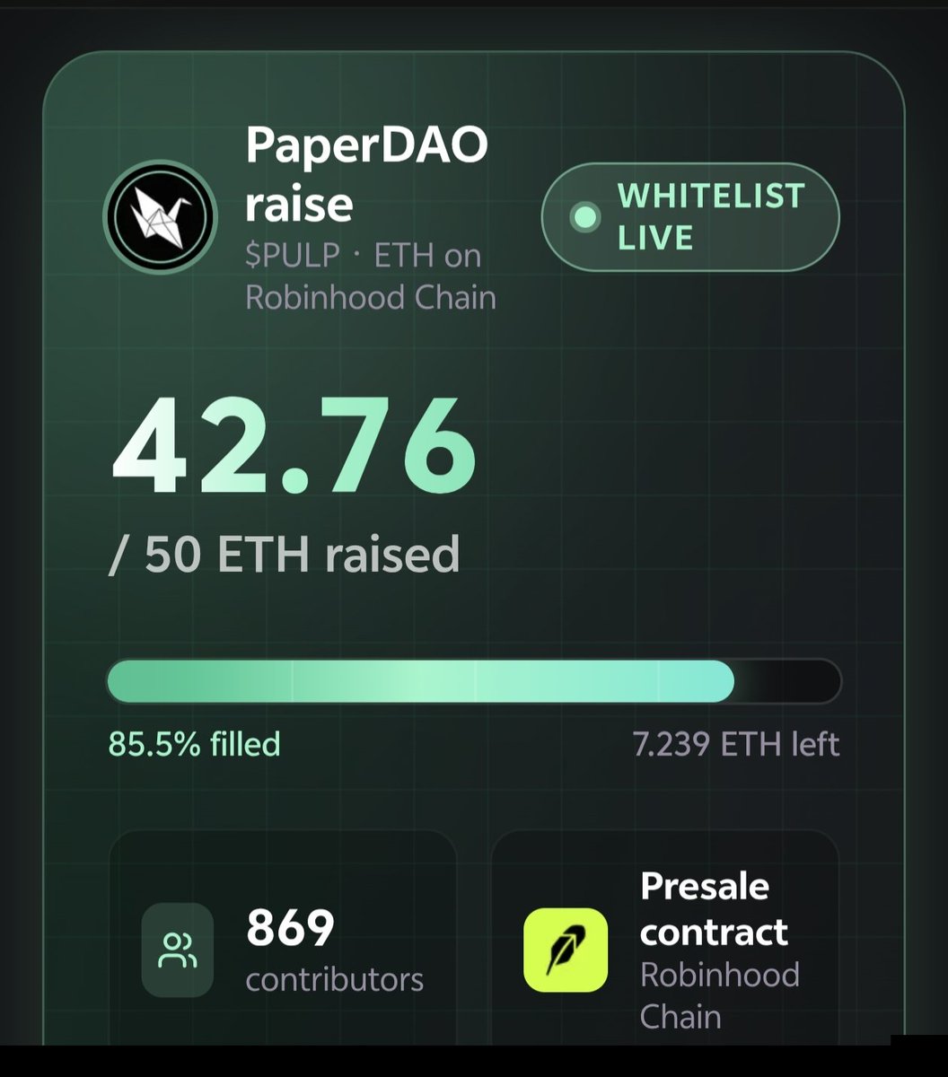 smolwyne's tweet photo. 📢 PaperDAO Deposit LIVE for Presale

If you joined the waitlist, check whether you’re waitlisted or not.

🔗 Check: https://t.co/CoOVqYDUwq

– Paste your EVM address
– If you’re selected, deposit Robinhood Chain ETH
– DYOR, NFA

You can deposit untill the raise cap reaches 50 ETH.

The team is still adding addresses to the waitlist, so keep checking to see whether you’re in or not.

If you’re waitlisted but don’t have funds, DM me for collab. 

So, did you get the waitlist?
Or still pending? 👇

like,repost & share ❤️‍🩹