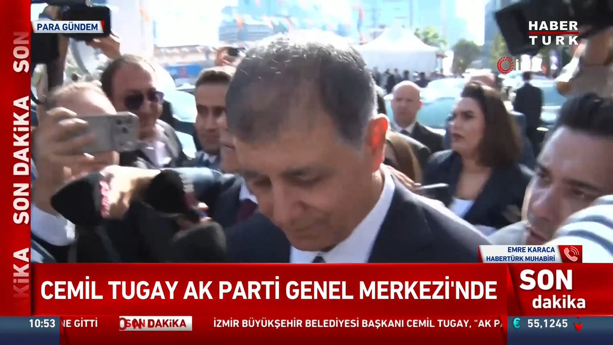 A breaking news broadcast on Habertürk shows a suited man (identified as Cemil Tugay) surrounded by reporters and microphones outside the AK Party headquarters. The on-screen chyron reads "SON DAKİKA" and "CEMİL TUGAY AK PARTİ GENEL MERKEZİ'NDE," matching the post's caption of his arrival at the party headquarters.