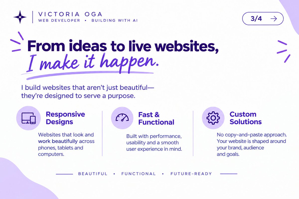 VicksDesigns's tweet photo. I’m a Web Developer, and I’m building with AI.🤖💻
I create modern websites, landing pages, and custom web solutions that don’t just look good—they’re built to work, connect, and make an impact.

Got an idea? Let’s build it. 
#WebDeveloper #BuildingWithAI #WebDevelopment #AI https://t.co/hJW3ni4w2t