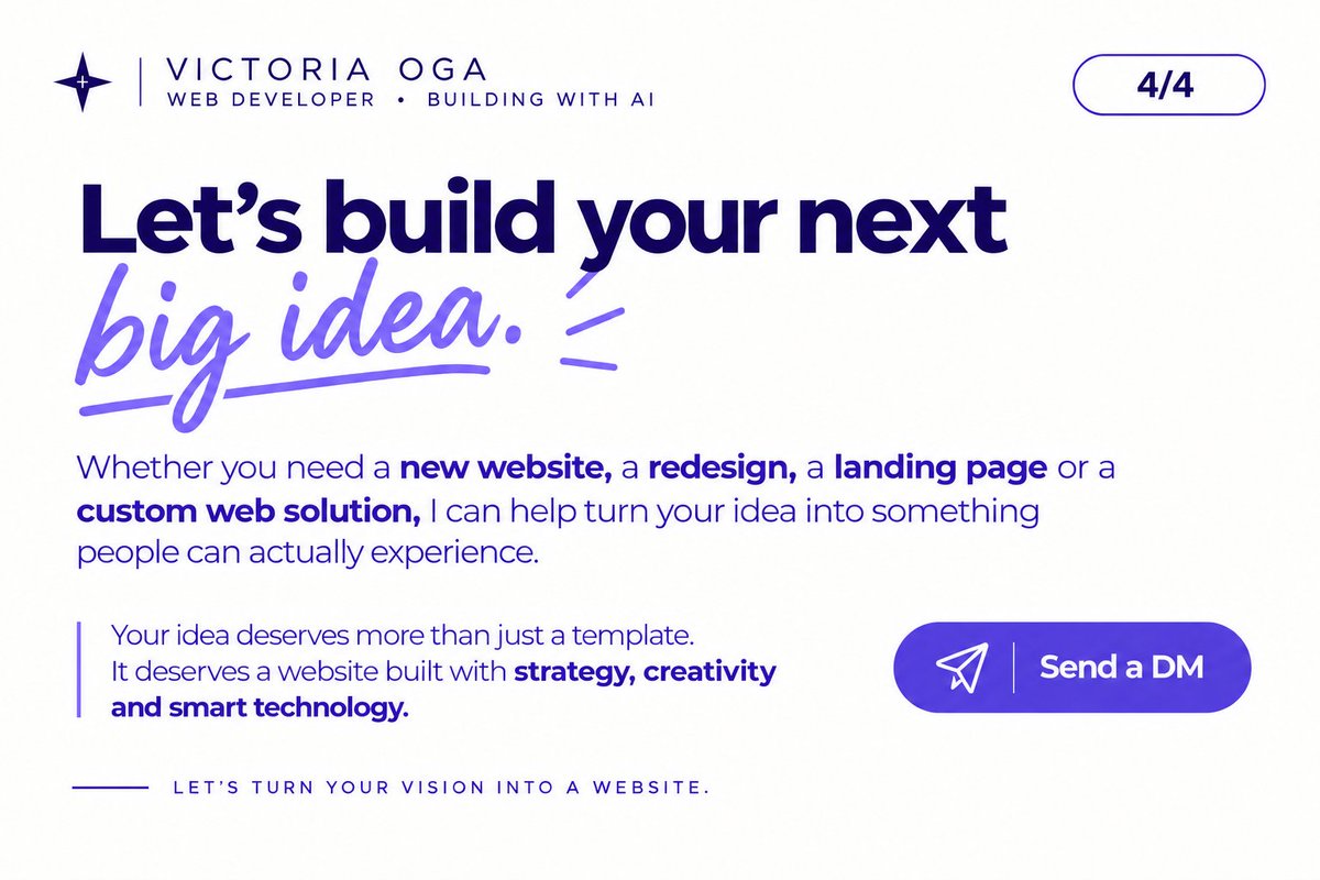 VicksDesigns's tweet photo. I’m a Web Developer, and I’m building with AI.🤖💻
I create modern websites, landing pages, and custom web solutions that don’t just look good—they’re built to work, connect, and make an impact.

Got an idea? Let’s build it. 
#WebDeveloper #BuildingWithAI #WebDevelopment #AI https://t.co/hJW3ni4w2t