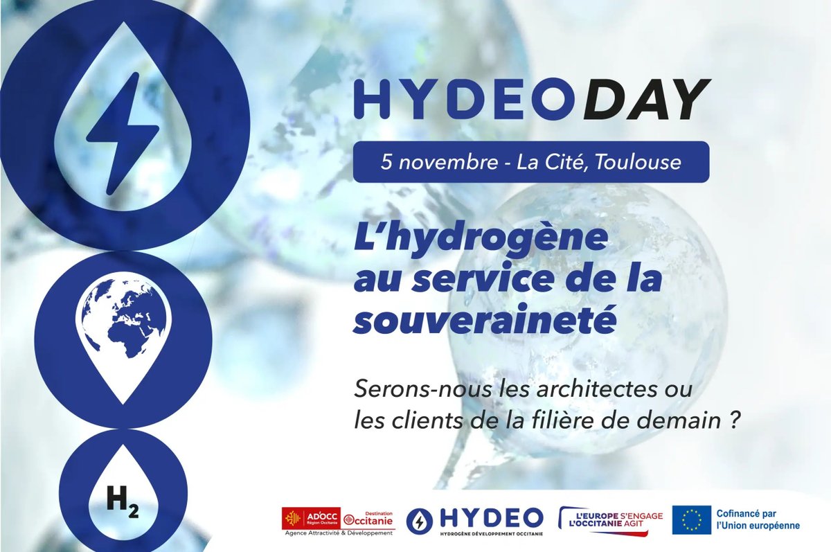 ADOCC_'s tweet photo. 🔋 HyDéO Day 2026 : l’hydrogène au service de la souveraineté
Dans un contexte de transformations énergétiques, industrielles et géopolitiques, une question se pose : serons-nous les architectes ou les clients de la filière hydrogène de demain ?

Le 5 novembre à Toulouse, HyDéO Day réunira les acteurs de la filière pour échanger sur le rôle de l’hydrogène dans notre souveraineté :
⚡ Souveraineté énergétique
🏭 Réindustrialisation et souveraineté technologique
📍 Quel rôle pour les territoires ?

Au programme : keynotes, tables rondes, pitchs et networking pour partager les enjeux, confronter les visions et faire émerger des pistes d’action en @Occitanie.

👉 Inscrivez-vous : https://t.co/zMlrMQtjog