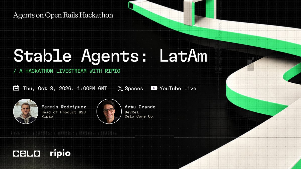 CeloDevs's tweet photo. Building for LatAm? 🌎 Tomorrow at 1 PM GMT, @artugrande &amp; @RipioHQ's @ferminrp will go over the Stable Agents: LatAm track!

Learn how Ripio's wFIAT stables work on Celo, what the judges are looking for &amp; more

Watch live on CeloDevs' X &amp; @Celo's YouTube: https://t.co/3zw6V4oWyN https://t.co/Qook5YOqZj