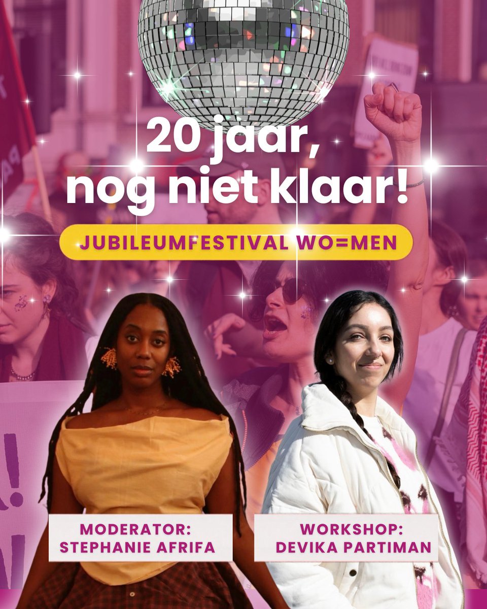 genderplatform's tweet photo. 🎉 WO=MEN wordt 20 jaar! Dat vieren we op vrijdag 27 november in Den Haag met een jubileumfestival. Verwacht workshops, een talkshow, kunst, activisme én silent disco. 💜 Met o.a. Stephanie Afrifa en Devika Partiman. Kom je ook? 
👉 https://t.co/8bgkKdoIW8 https://t.co/vo4Nr3K0wC