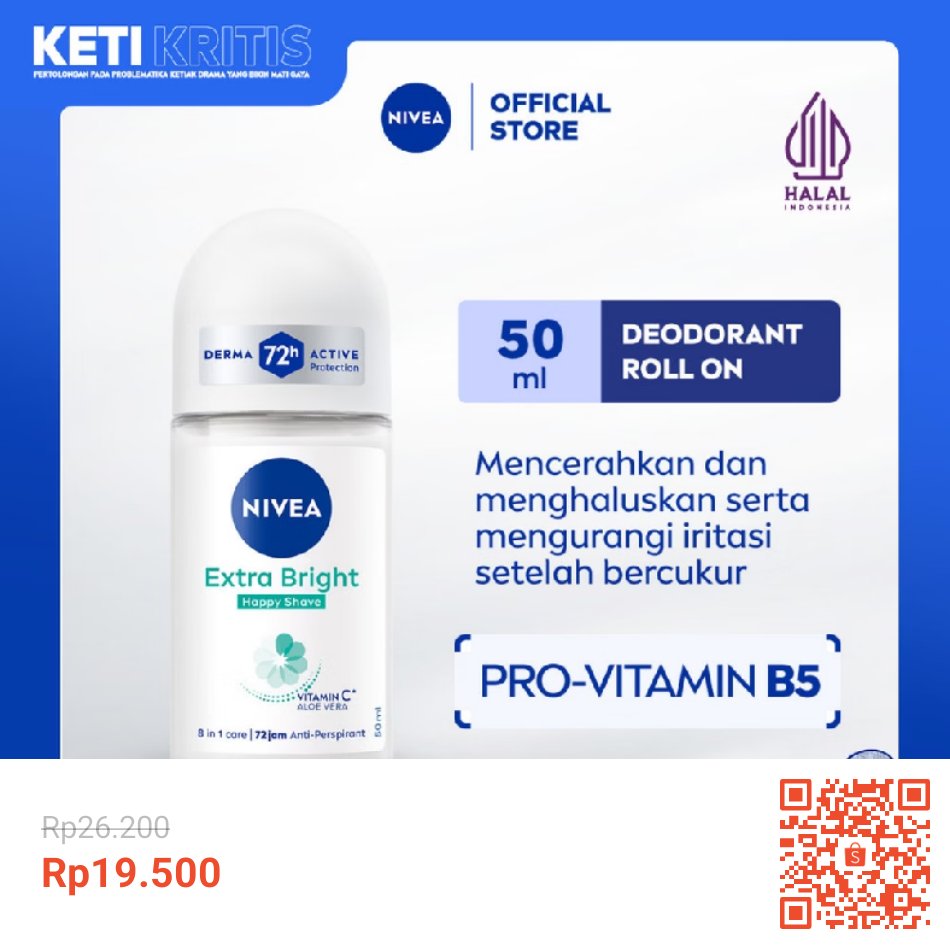 inspirasiootdh's tweet photo. BYE KETI KRITIS! KETI AUTO CERAH 72 JAM! ✨

*NIVEA Deodorant Roll On 50ml - Extra Bright Happy Shave*
~Rp26.200~ → *Cuma Rp19.500!*

💙 DERMA 72h Active Protection
💙 Mencerahkan &amp; menghaluskan ketiak

Scan QR / Klik:
https://t.co/ijOBXdO4Ol
#TheRivalryReturnsAtGBK https://t.co/75aa0bOqFV