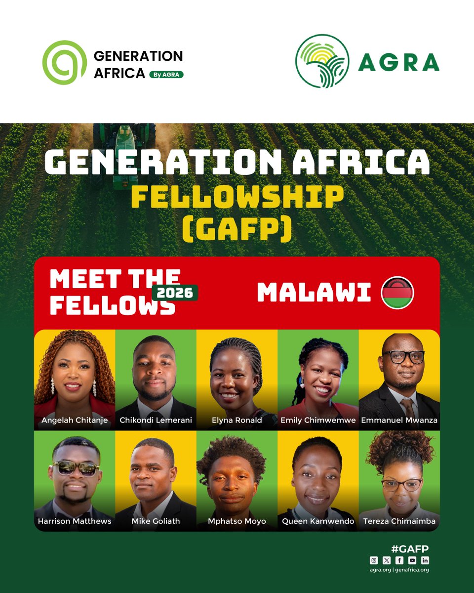 GenAfrica_'s tweet photo. Meet the #GAFP2026 Malawi Fellows
Young agripreneurs are building businesses tackling challenges across Malawi’s agrifood sector, from markets and supply chains to innovative production.
Meet the cohort 👇🏾
#GenerationAfrica #YouthAgripreneurs
@AGRA_Africa https://t.co/8TkcgKMoOb