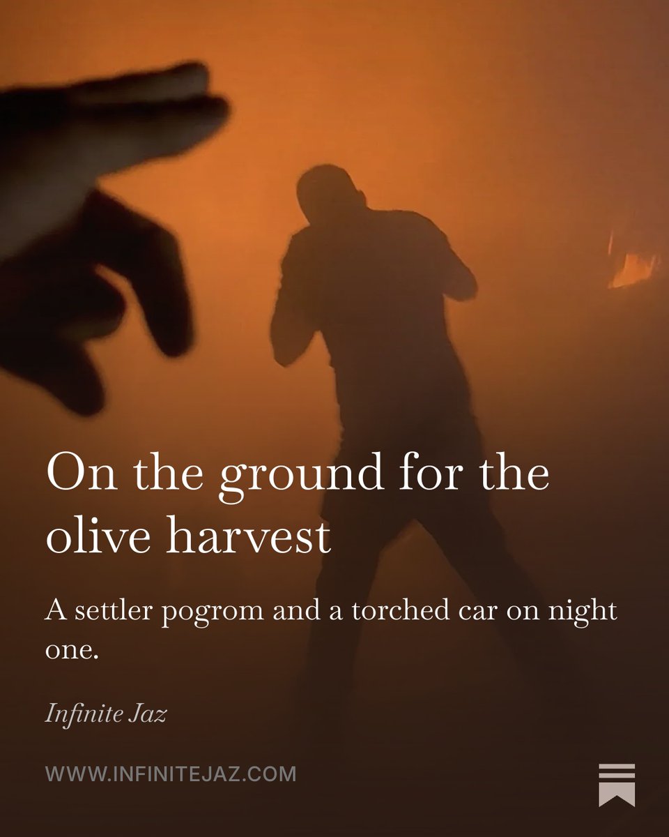 infinite_jaz's tweet photo. I’m back in the West Bank to document the olive harvest, which is already shaping up to be even bloodier than last year’s. On my first night, settlers invaded the village where I was staying and torched the car I’d arrived in hours earlier. Link to dispatch in next tweet. https://t.co/TvrPqGoqCZ
