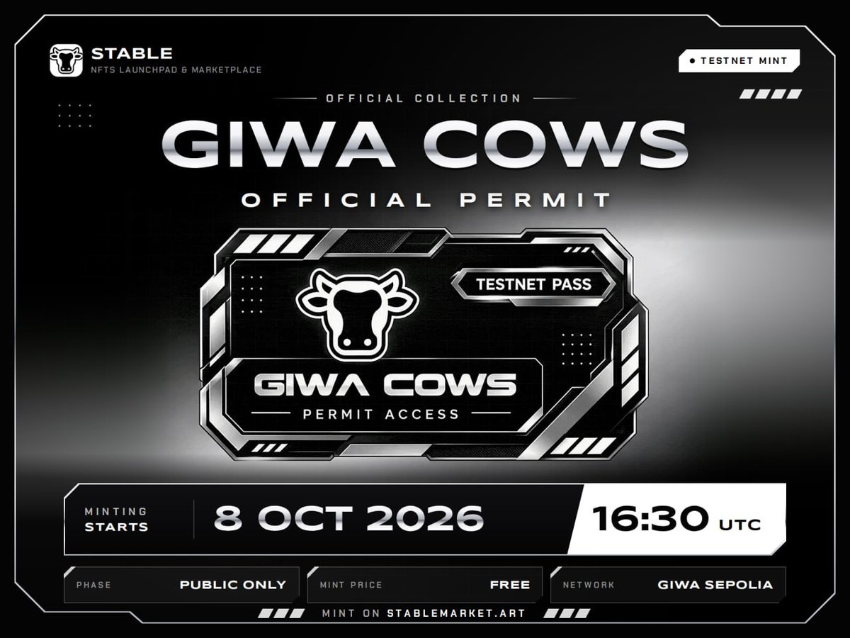 StableMarket_'s tweet photo. 🐮 INTRODUCING GIWA COWS PERMIT

The first-ever testnet collection of Giwa Cows — and the first testnet NFT collection on @GIWA_by_Upbit . 🐮⚡️

MINT DETAILS
🐮 Supply: 1,111 — FCFS
🐮 Price: FREE
🐮 Date: October 8  Time: 16:30 UTC
🐮 Launchpad: Our Official launchpad
🐮 Phase: Public Mint — No WL

Everyone can mint. Once all 1,111 Permits are minted.

🔮 Permit utility will be revealed after the mint sells out.

Get ready. The Giwa Cows journey starts here. 🐮

🔁 RT this post
💼 Drop your EVM wallet address below