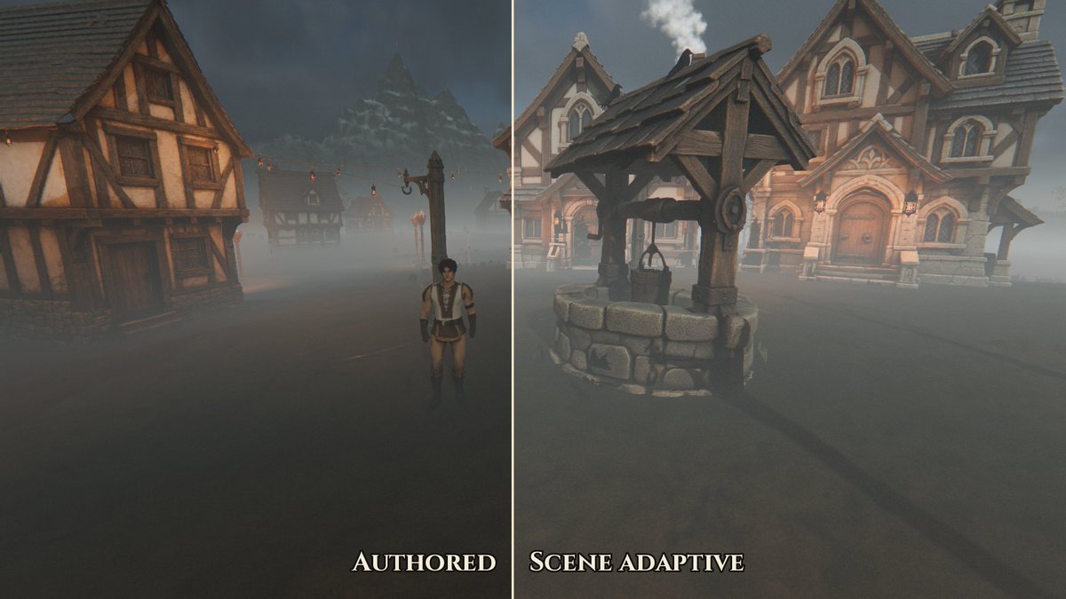 fellwsoftware's tweet photo. Your eyes can now adjust to the light 👁️

There's a new Scene adaptive exposure option in the options menu. Instead of one fixed brightness, the camera reads the world in front of you and eases its exposure up or down as you move through fog, lamplight and shadow, much like your eyes would.

Each kind of place keeps its own limits, so dungeons stay dark and every area keeps its mood. Only the world is measured, never your menus or HUD, and an exposure compensation slider lets you nudge it brighter or darker. Nothing changes unless you turn it on.

Also new, for players with a supported NVIDIA RTX card and ray tracing turned on: an experimental neural reconstruction option for ray-traced lighting. It's off by default and only works in some places, and the options menu shows whether it's active.

The picture shows the same misty spot in Wickford with Authored exposure on the left and Scene adaptive on the right.

#HollowCovenant #IndieGame #MadeWithGodot