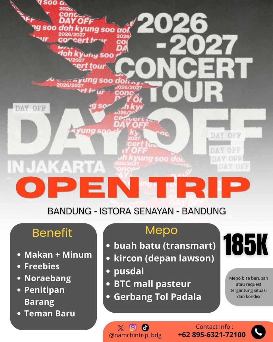 namchintrip_bdg's tweet photo. OPEN TRIP D.O. DAY OFF IN JAKARTA — 
BANDUNG - ISTORA SENAYAN - BANDUNG🐧✨💙

💸 185K ALL IN
💰 DP ONLY 85K
✅ PULANG/PERGI ONLY
✅ Cicilan sampai H-2
⚠️ SLOT TERBATAS

Feel free untuk tanya-tanya yaa 😍🤩🤩💗💗💗 https://t.co/xBRbDAej1x