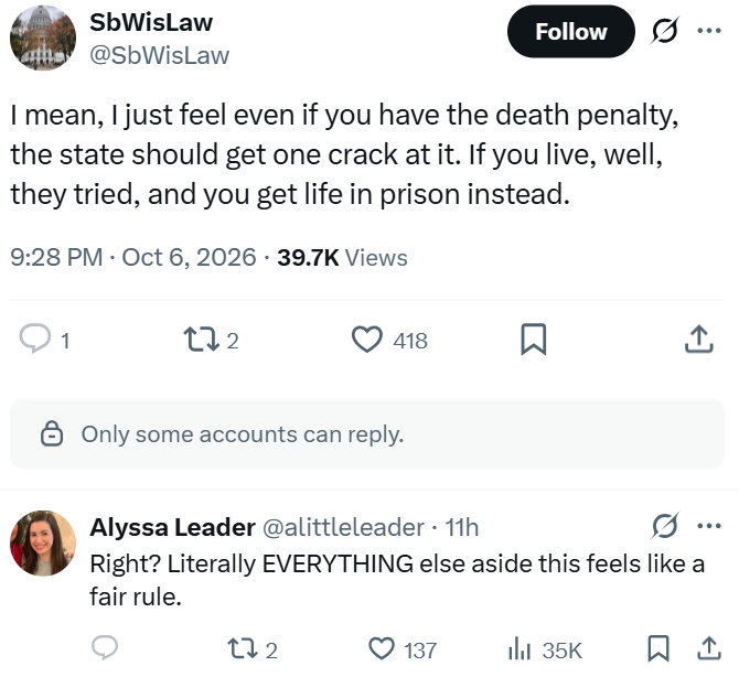 oneirobacchus's tweet photo. @bionic_ooze Shockingly risible commentary in the replies, from one attorney to another.
"the death penalty, the irreversible condemnation of the most depraved criminals, should be kinda left up to chance and luck." these are your lawyers, america. https://t.co/DkQ1ZpUfCr