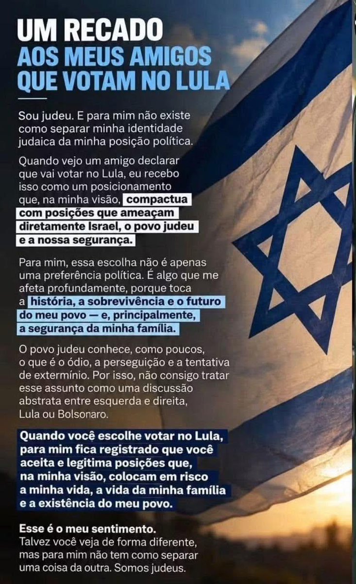 AlbertoRejtman's tweet photo. UM RECADO AOS MEUS AMIGOS QUE VOTAM NO LULA

Sou judeu. E para mim não existe como separar minha identidade judaica da minha posição política. https://t.co/eJCwp2gYZL
