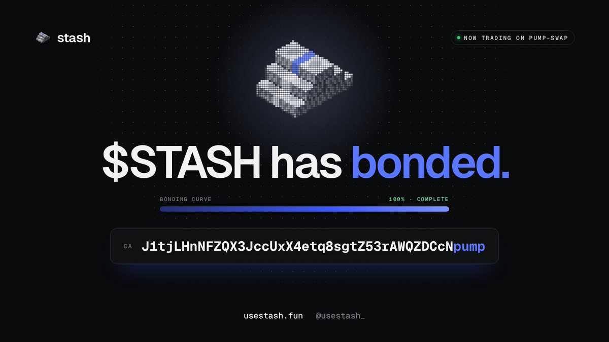 usestash_'s tweet photo. 3 hours after launch, $STASH has officially bonded.

thank you to every single person who bought, held and spread the word. you built this.

we're just getting started.

$stash https://t.co/JANQXYlyQH
