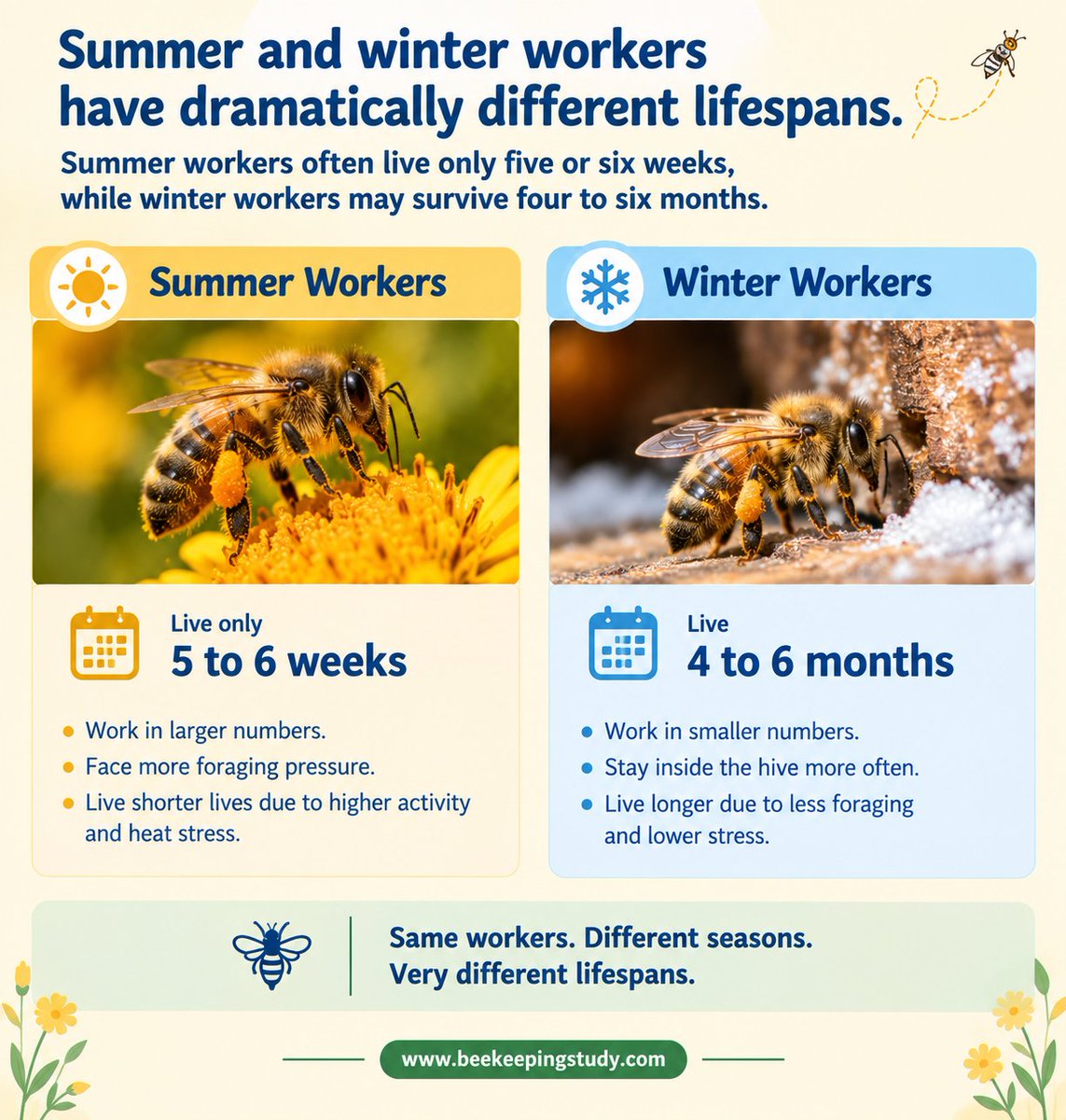 BeeKeepingStudy's tweet photo. Summer and winter workers have dramatically different lifespans. Summer workers often live only five or six weeks, while winter workers may survive four to six months.
#honeybees #workerbees #wildlife #beekeepingstudy #naturelovers https://t.co/N1cACV2KzE