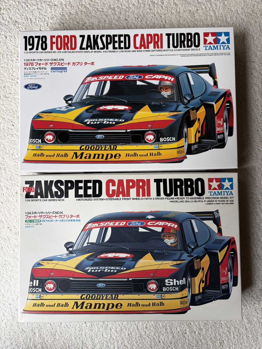 qgmtko's tweet photo. タミヤのフォードカプリの新旧キットを組み立てます。古い方は1981年発売だから、44年目のリニューアル。箱の文字が変わって、シェルのステッカーが無いね。デカールはカルトグラフに変更。パーツの樹脂の色も変わってます。#プラモデル #タミヤ #フォード #カプリ #plasticmodel https://t.co/LYbyBS4EaB