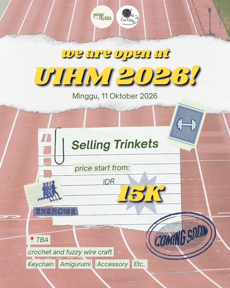 crorae_crochet's tweet photo. Jeda sejenak dari #cf23! 🏃‍♀️💨 CroRae x Petals by Florida bakal buka booth di race village UIHM 2026. Temukan aneka rajutan &amp; pipe cleaner, sneak peek #cf23, plus bisa PO langsung diskon 10%!
​📍 Lokasi tenant menyusul!
​#UIHM2026 #CroRae #PetalsByFlorida #rajutan https://t.co/KJfXshvlKm