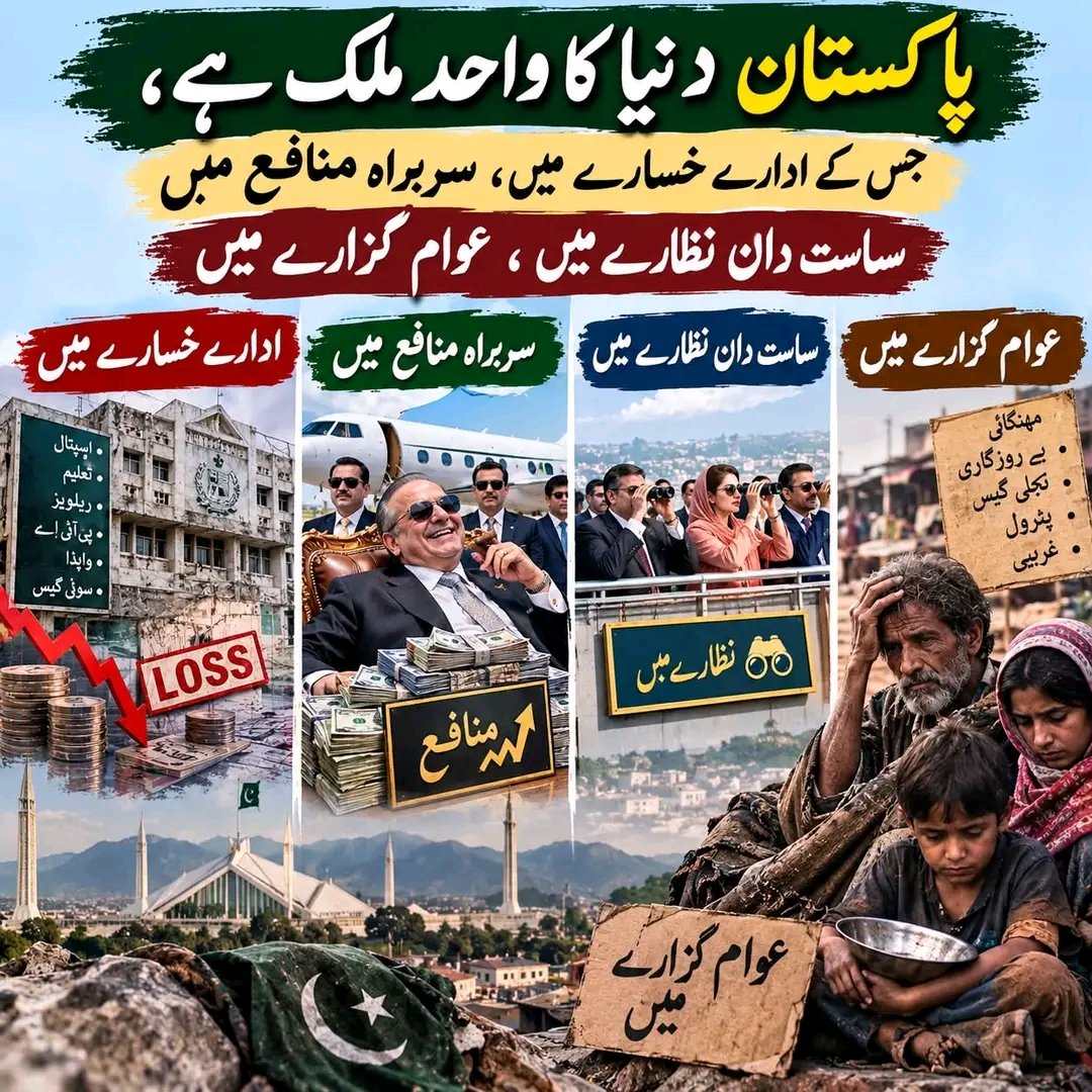 SubashK54853880's tweet photo. پاکستان دنیا کا واحد ملک ہے ، جس کے ادارے خسارے میں ، سربراہ منافع میں 
سساست دان نظارے میں ، عوام گزارے میں https://t.co/jDBFFVTVmt