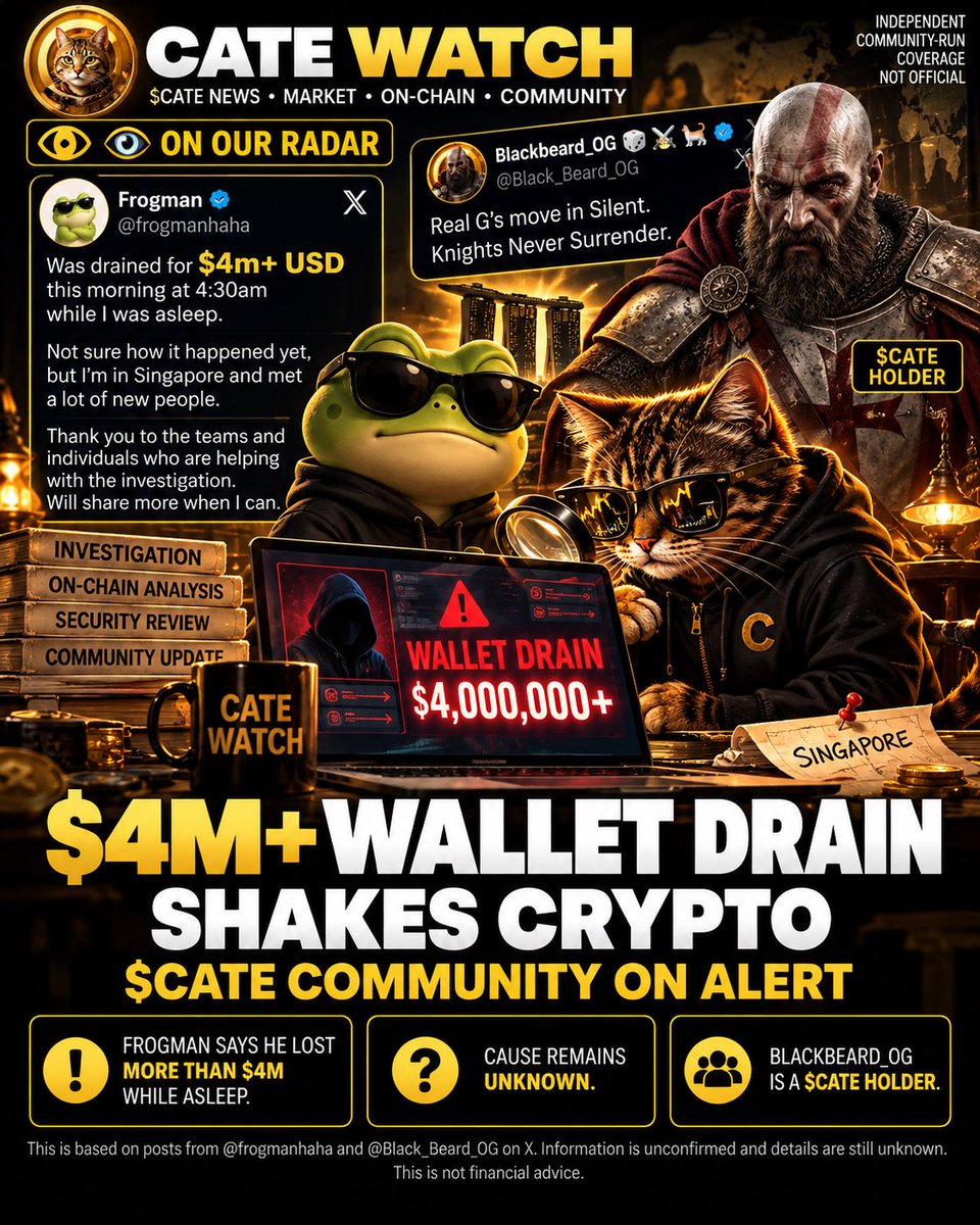 Catewatch's tweet photo. 💛 Sending our support to Frogman.

Frogman shared today that he was drained for more than $4M while he was asleep.

He says he still doesn’t know exactly how it happened, and that teams and individuals are helping him investigate.

Losing an amount like this is devastating, regardless of who you are in crypto. Behind every wallet is a person — and right now we simply hope Frogman gets answers and that those helping him can uncover exactly what happened.

We became aware of the situation through solana:Ai66LHZG9MCzg1WKdawwqduVAXpNDUuV8M3uyq5ppump community member @Black_Beard_OG, who passed the news along.

Much respect to the community members looking out for each other. 🐈💛

Wishing you the best, @frogmanhaha.
We hope there’s a positive outcome.

Source: @frogmanhaha via @Black_Beard_OG
Cause of drain: currently unknown

— CATE WATCH
Independent community-run coverage.