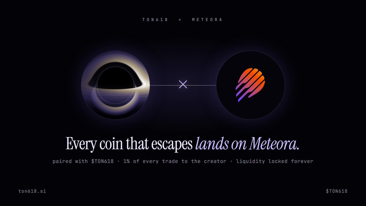 ton618_si's tweet photo. We’re shipping our biggest update yet.

TON618 launchpad is moving to @MeteoraAG.

From now on, every token launched by the model will launch through Meteora.

Every launch will also be paired directly to $TON618. 

Every buy into a TON618 launched token will be paid in $TON618.

TON 618 is the largest known black hole, with a mass roughly 40 billion times that of the Sun.

Bringing it into Meteora’s galaxy ecosystem was the obvious next step.