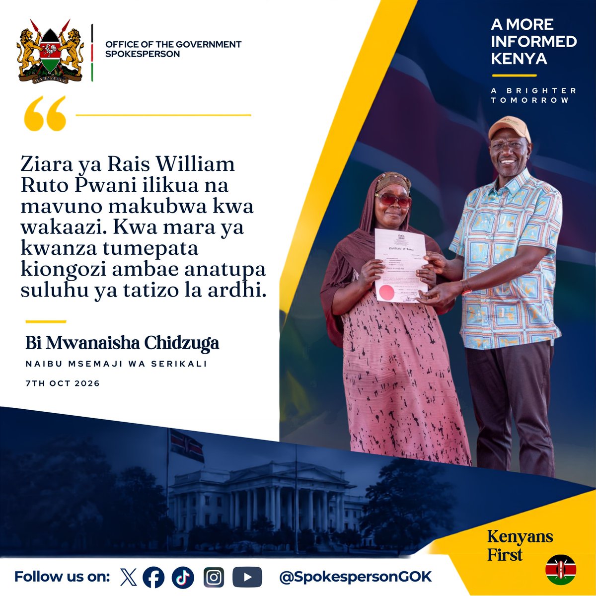 SpokespersonGoK's tweet photo. Ziara ya Rais William Ruto Pwani ilikua na mavuno makubwa kwa wakaazi. Kwa mara ya kwanza tumepata kiongozi ambae anatupa suluhu ya tatizo la ardhi.— Bi Mwanaisha Chidzuga, NAIBU MSEMAJI WA SERIKALI https://t.co/iEPE3GKdWj