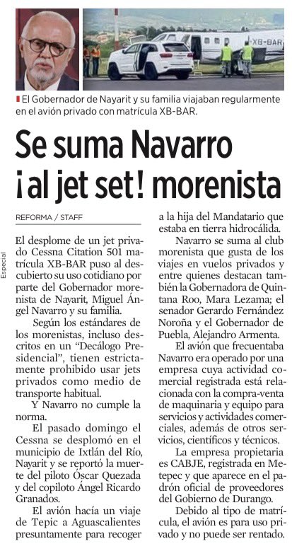 bereaguilarv's tweet photo. “Nosotros no viajaremos en aviones privados. Eso es para pequeños faraones, acomplejados”
AMLO 

¡Se les cayó el avión y el cuento de la austeridad!

El desplome de un jet destapó que el gobernador de Nayarit, Miguel Ángel Navarro, y su familia lo usaban habitualmente.

¿Quién creen que pagaba los vuelos de esta familia tan austera?
